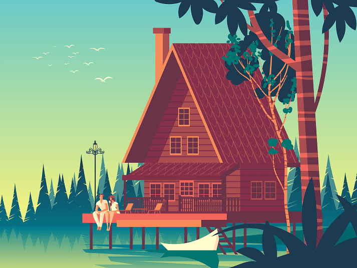 Illustration d'un chalet au bord d'un lac en forêt